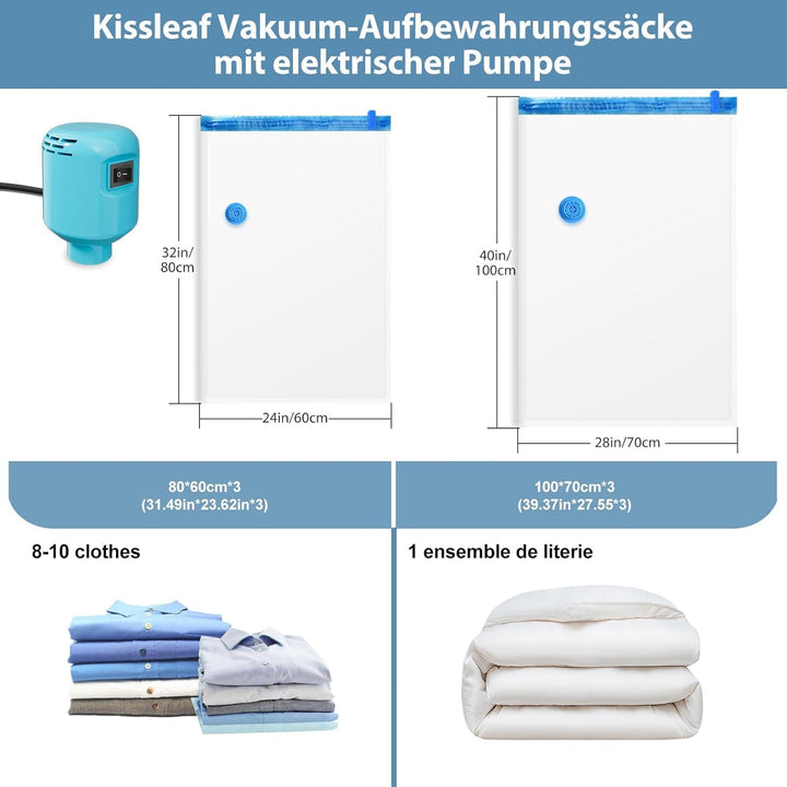 Kissleaf Vakuumbeutel für Kleidung Bettdecken mit Elektrische Pumpe 6 Stück (3 Jumbo, 3 gross) Reise