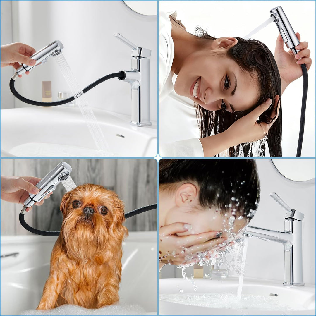 Wasserhahn Bad mit Ausziehbar Brause, Armatur Badezimmer Chrom, Waschtischarmatur mit 2 Strahlarten,