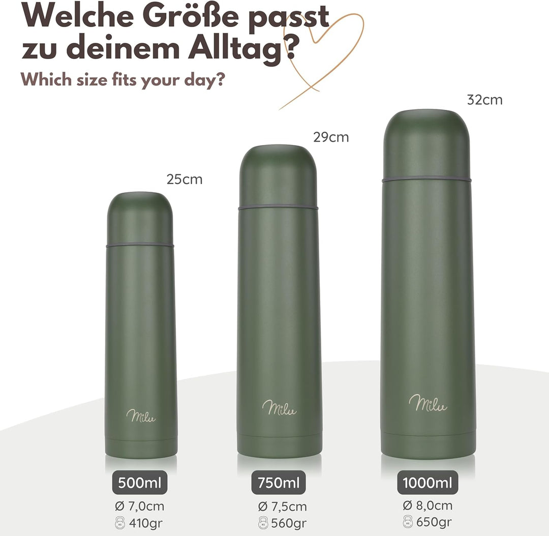 Milu Thermosflasche Thermoskanne Isolierflasche 1L, 750ml, 500ml - Isolierte Edelstahl Trinkflasche,