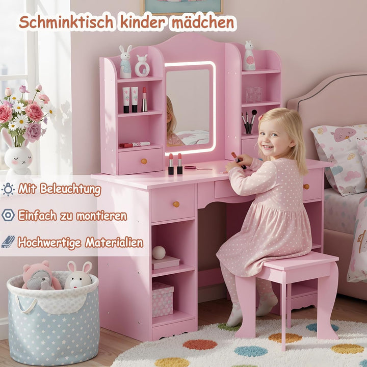 Clevich Schminktisch Kinder Set, Kinderschminktisch mit LED Beleuchtung, 5 Schubladen, 10 Staufächer