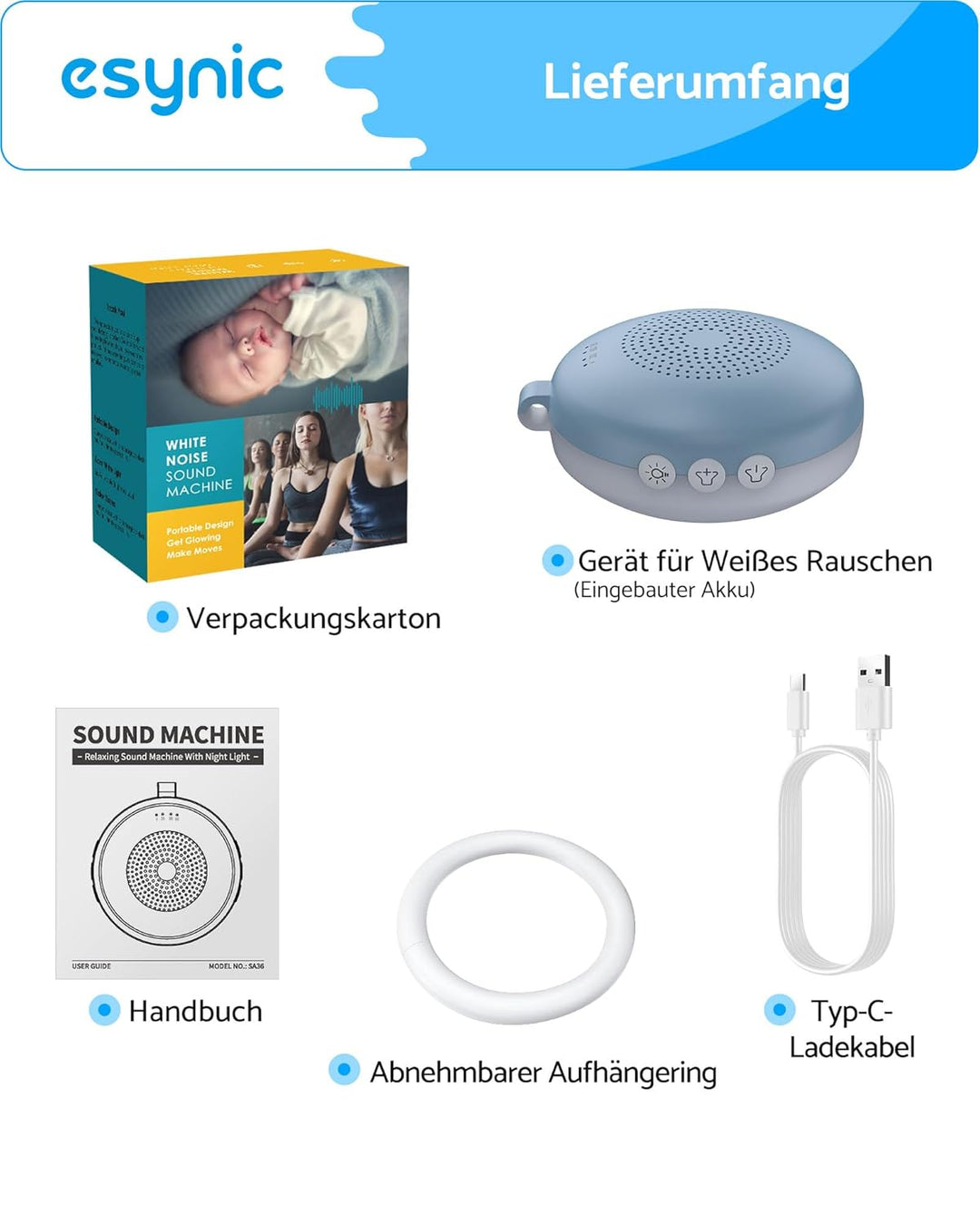 eSynic Einschlafhilfe für Erwachsene Weisses Rauschen Baby in Blaugrau Portable White Noise Machine