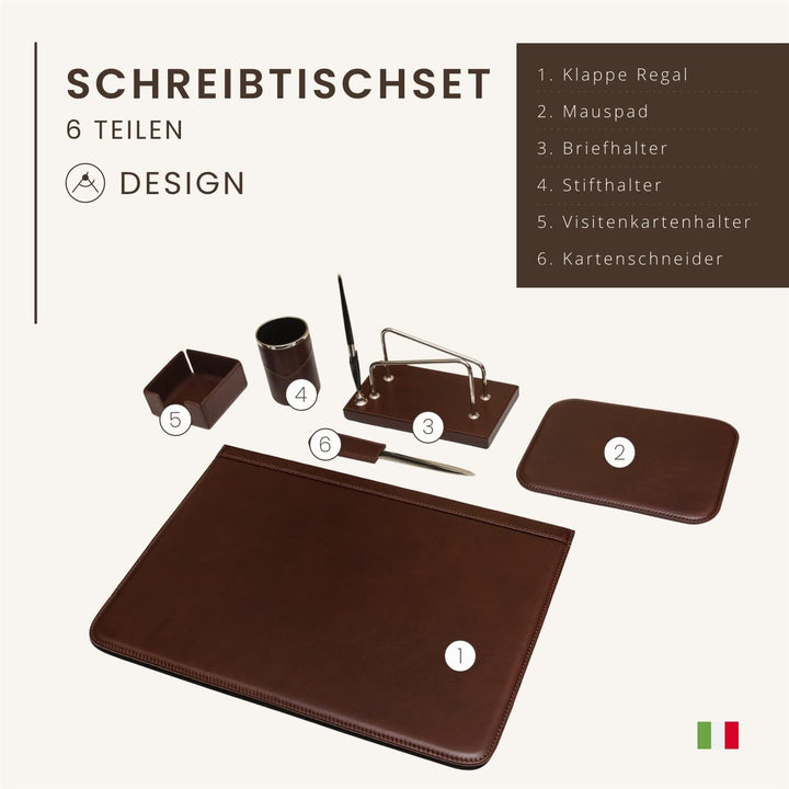 Schreibtischset 6-teilig – 100% vollnarbiges Leder – Von fachkundigen Handwerkern in Italien von Han