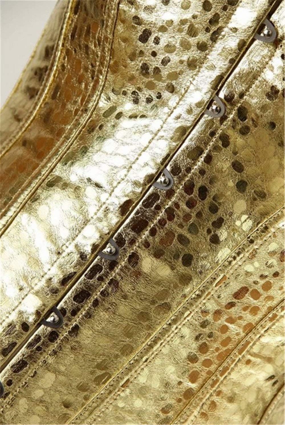 Josamogre Leder Korsett Corset Top Damen Kunstleder Corsage Gothic Reissverschluss Sexy XXS Gold, XX