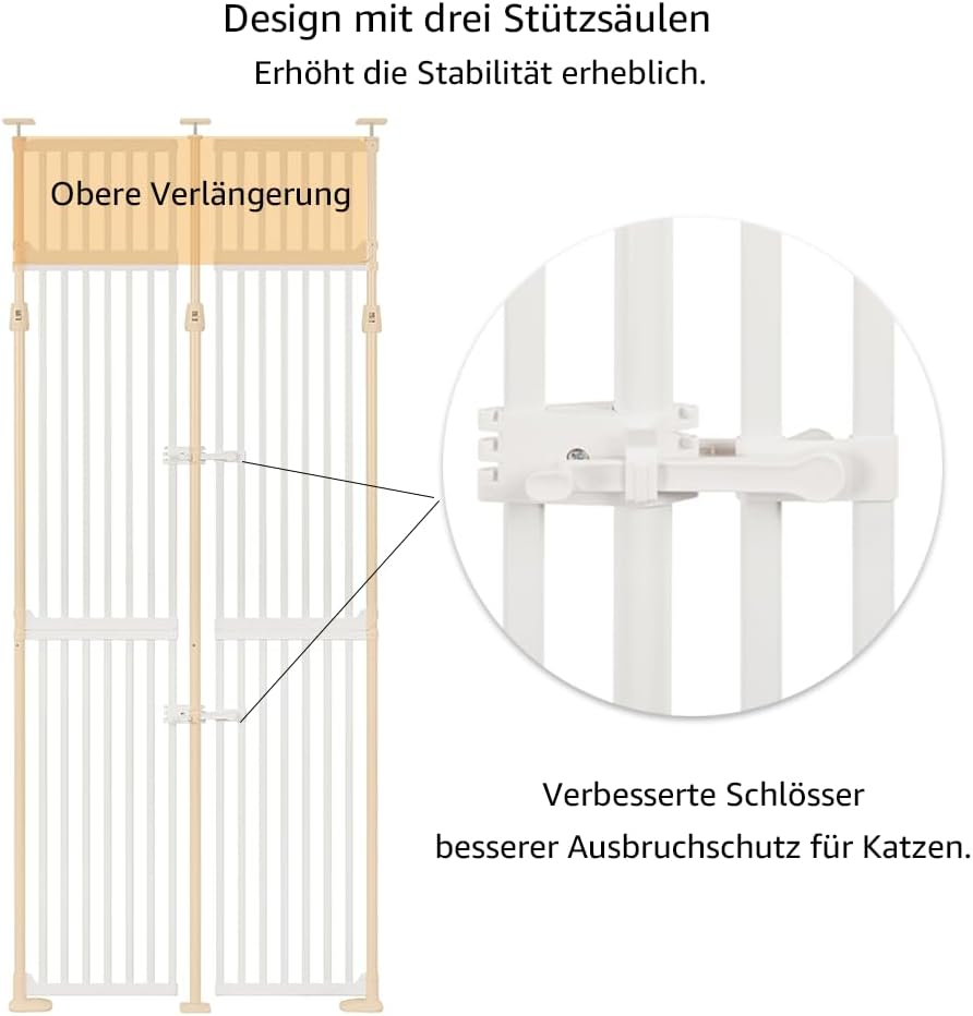 unipaws 218cm extra hohes Haustiertor, verstellbares Katzentor mit engem Spalt, ausziehbar 218–250cm