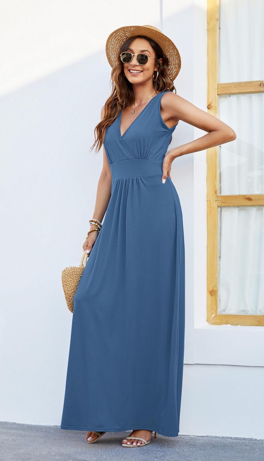 AUSELILY Sommerkleid Damen Lang ärmellos Maxikleider Wickelkleid Sommer Kleid Elegant Tiefem V-Aussc