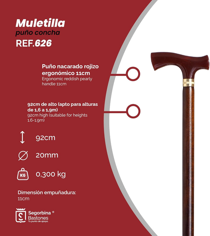 Gehstock, Unterstützung, elegante Oberfläche, Perlmuttgriff aus roter Muschel und Stab aus robustem