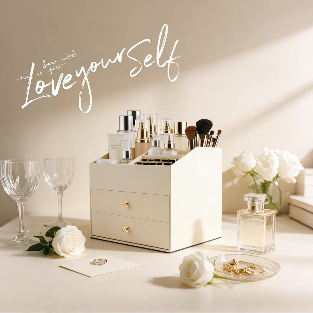Homeanda Make-up-Organizer aus Kunstleder mit 2 Schubladen – Schreibtisch-Organizer für Kosmetik, Li