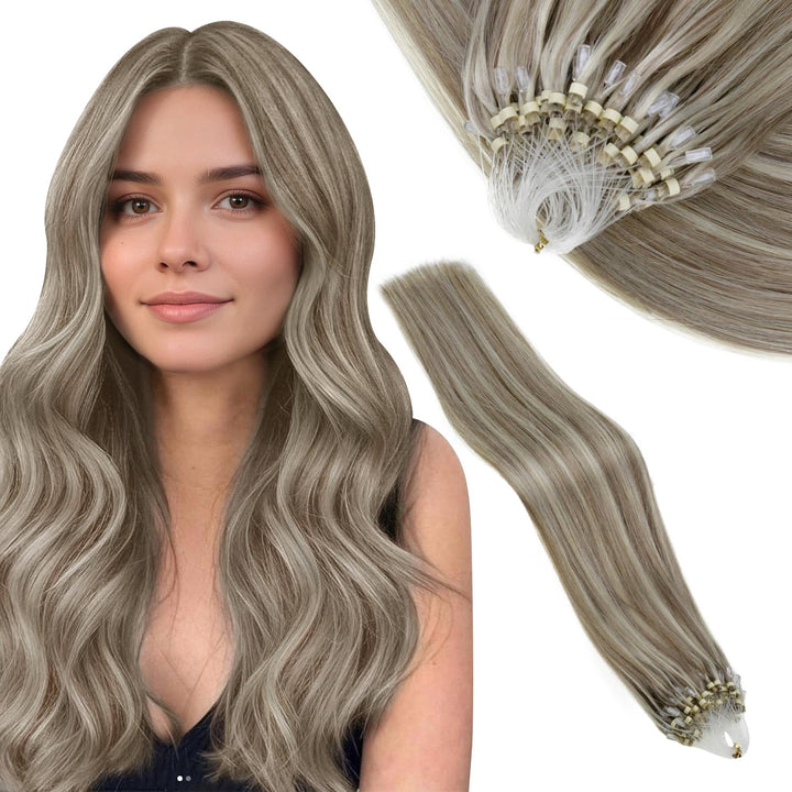 Vivien Microring Echthaar Extensions 55 cm Hellbraun und Platinblond Invisible Extensions Echthaar M