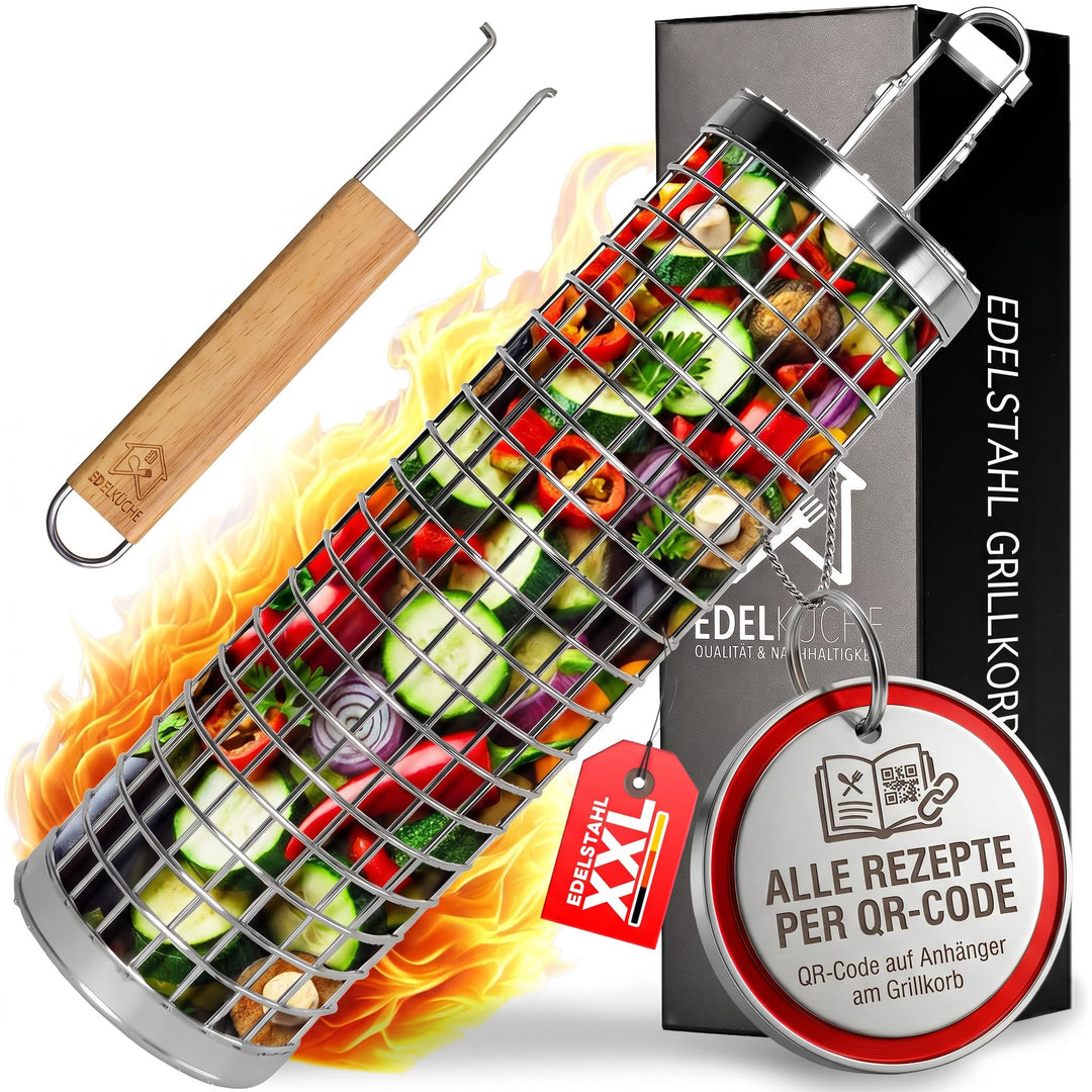 EdelKüche Premium Grillkorb (XXL) aus Edelstahl für Gemüse und Fleisch | Rund, Zylindrisch | Grillzu