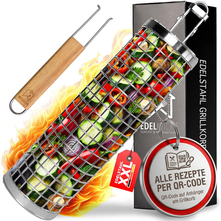 EdelKüche Premium Grillkorb (XXL) aus Edelstahl für Gemüse und Fleisch | Rund, Zylindrisch | Grillzu