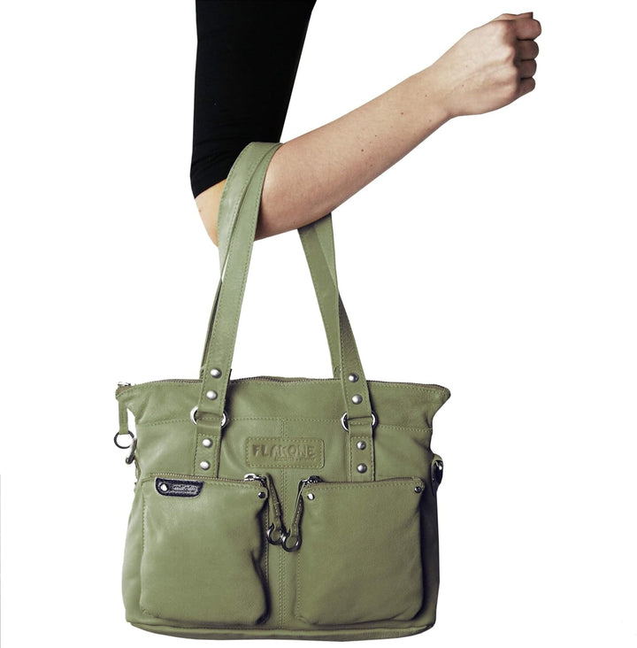 LL Baron of MALTZAHN Damen Schultertaschen FLAKONE Bluegrey-Taupe Shopper-718 aus Leder incl. Lederp