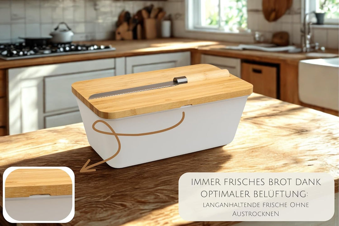 Brotkasten mit Messer - Airlock White, aus FSC®-zertifizierter Bambus/Holz, PP-Kunststoff, Brotmesse