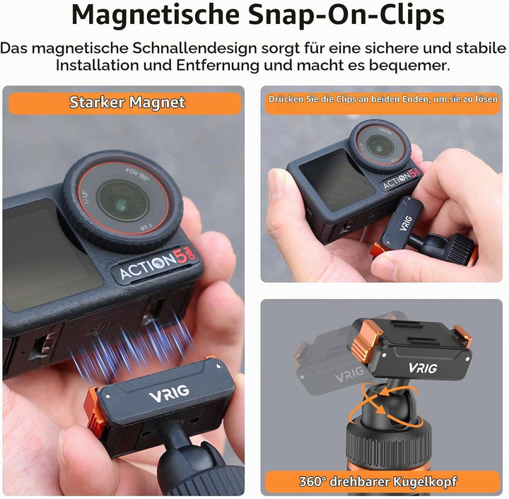 VRIG 40cm Mini Selfie Stick Stativ für DJI Osmo Action 5 Pro/4/3, 360°-Kopf-Verlängerungsstativ, mag
