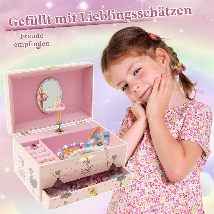 Musikalisches Schmuckkästchen Kinder Spieluhr mit Drehendem Einhorn Ballettmädchen Spiegel Schublade