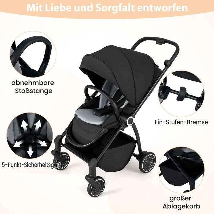 DREAMADE Kinderwagen mit umkehrbarem Sitz, Zusammenklappbarer Reisebuggy mit verstellbarer Rückenleh