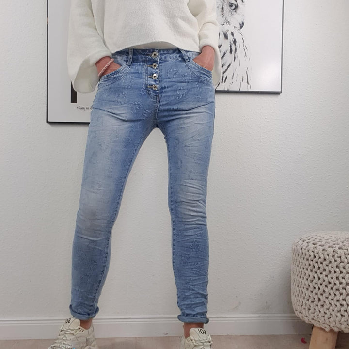 Jewelly Damen Boyfriend Stretch Jeans| Denim Hose für Frauen| 5-Pocket Bagggy Pants S Denim Heart, S