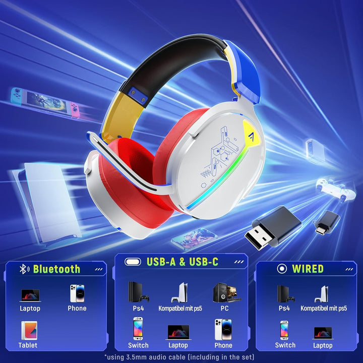 Gaming Headset Wireless, Headset mit Mikrofon für ps5 ps4, PC, Switch, Bluetooth 5.3, 7.1 Surround S