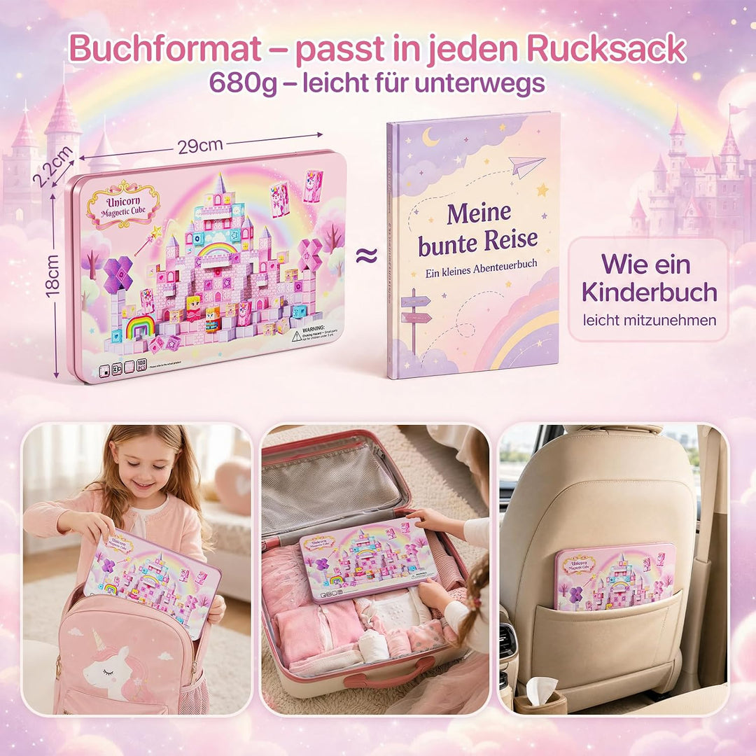 burgkidz Magnetische Bausteine Einhorn Reiseset: 100 Teile für Mädchen | Magnetspielzeug mit Metalld