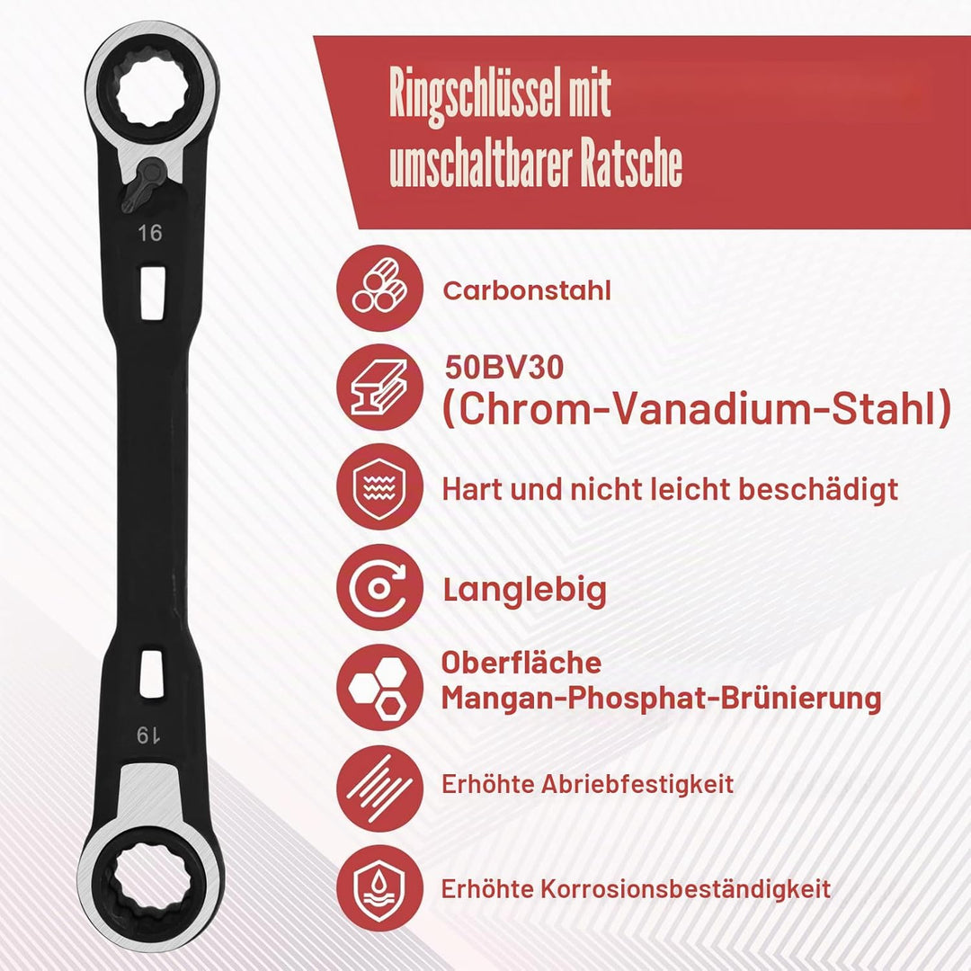 4-in-1 umkehrbarer Ratschenschlüssel-Set metrisch 16mm 17mm 18mm 19mm Doppel-Ringschlüssel-Set Ratsc