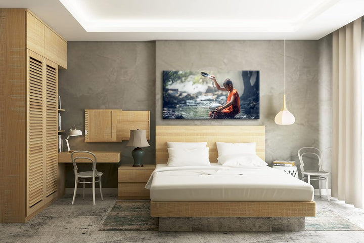 Buddhistischer Mönch Panorama 60x30 cm als Leinwandbild, Motiv fertig gerahmt auf Echtholzrahmen, Ho