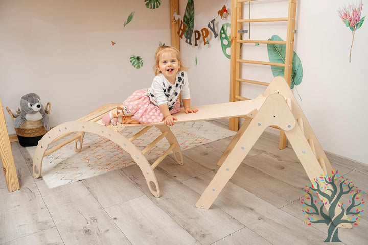 WoodsCraft 3in1 Set: Kletterdreieck mit Rutsche Indoor/Klettern Rampe & Kletterbogen | Holz Montesso