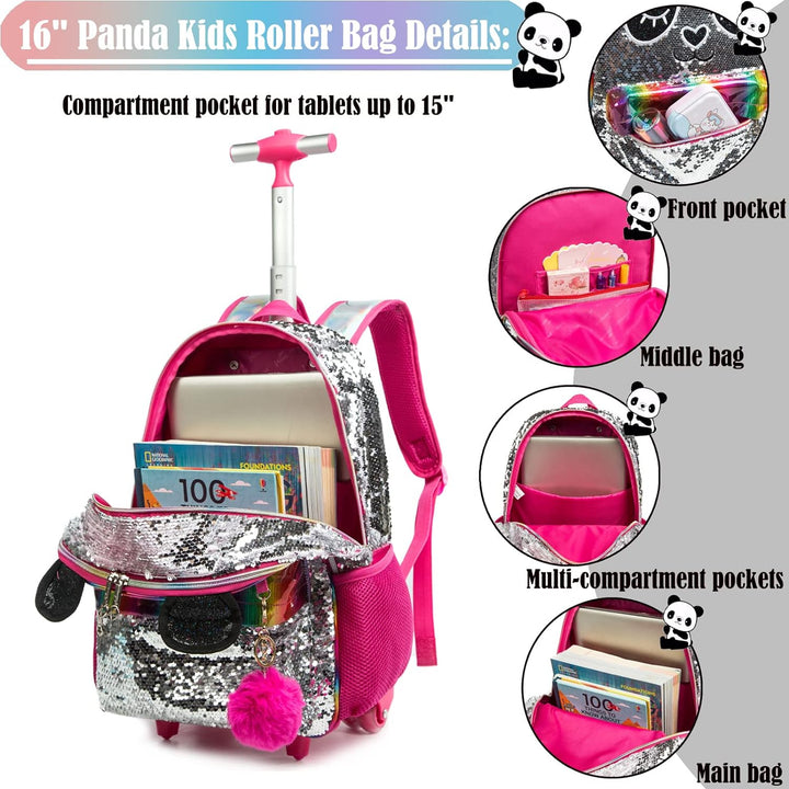 Rucksack Mädchen Schulranzen Trolley Silber Rot Panda Pailletten Trolley Rucksack Schulrucksack Teen
