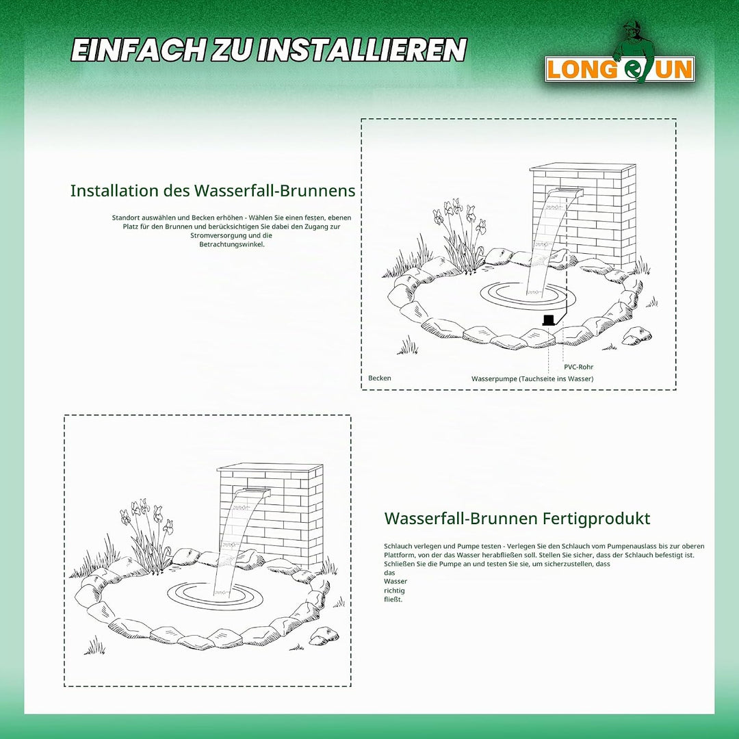 LONGRUN 30cm Teich Wasserfall Set,304 Edelstahl Pool Wasserfall mit RGB LED und Fernbedienung, Breit