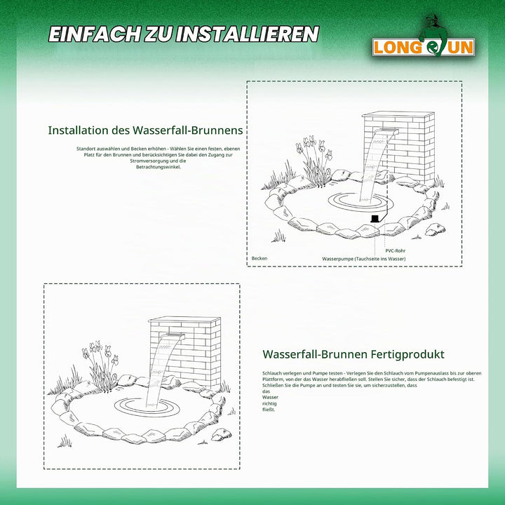 LONGRUN 30cm Teich Wasserfall Set,304 Edelstahl Pool Wasserfall mit RGB LED und Fernbedienung, Breit