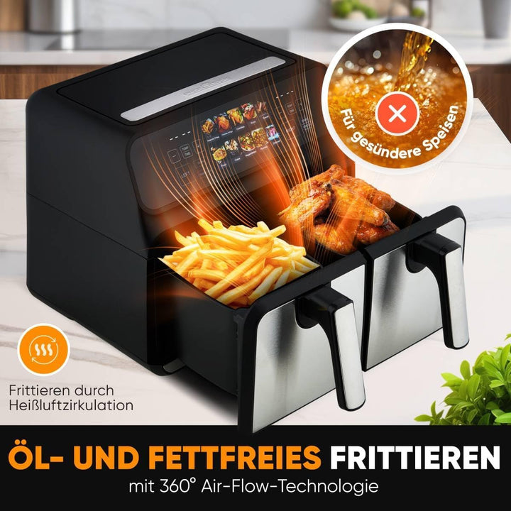 ProfiCook® Heissluftfritteuse 2 Kammern | 8L Heissluftfritteuse Doppelkammer | kein Öl oder Fett | A
