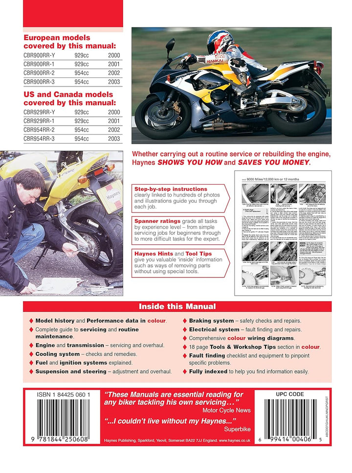 Honda CBR900RR Fireblade: CBR929RR, CBR954RR (Haynes Service and Repair Manual), Taschenbuch