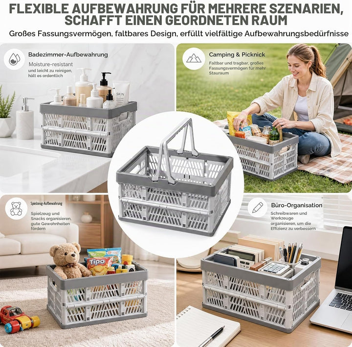 Klappbox mit Griff, Einkaufskorb Faltbar, Tragbarer Klappkiste, Klappkorb Plastik, Platzsparend &amp; St
