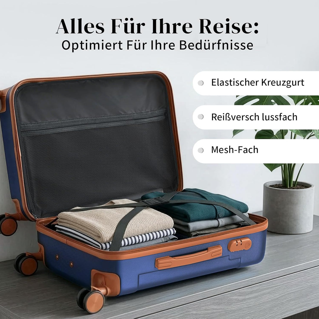 LALAHO Kofferset 5 teilig mit Kosmetikkoffer (Navy-Braun) | Hartschalen Koffer Set aus ABS, Reisekof