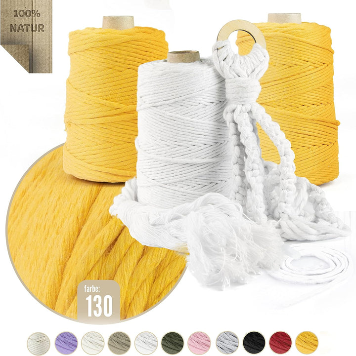 Seiletech.de Premium MAKRAMEE GARN | 600m | 5mm | Gelb | 100% Baumwolle | Kordel Natur | Baumwollgar