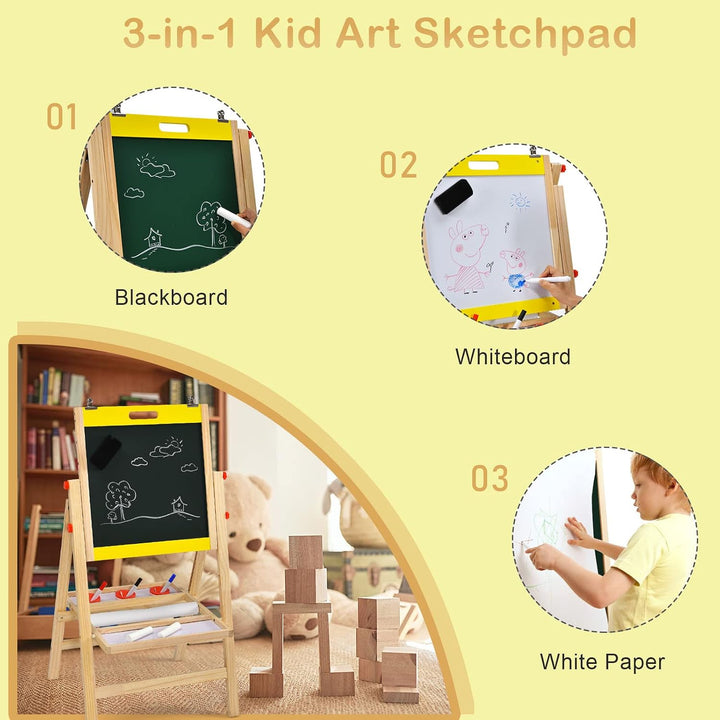 LIFEZEAL 2 in 1 Kindertafel, Höhenverstellbare Staffelei Kinder, Standtafel aus Holz, Abklappbare Ma