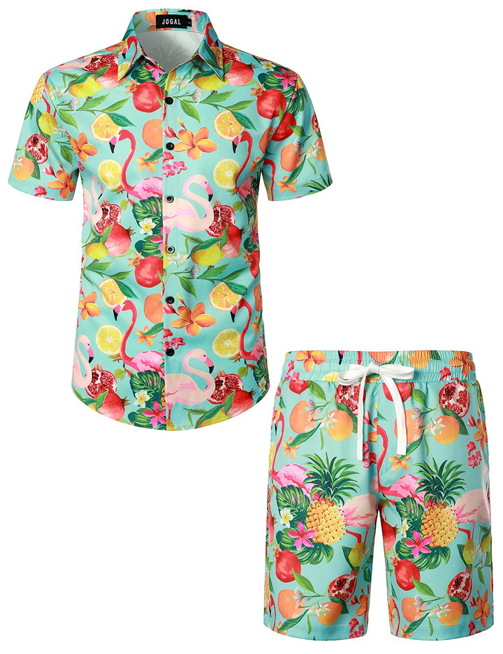 JOGAL Herren Hawaii Hemd Männer Flamingo Kurzarmhemd und Kurze Hose Set Strand Outfit Sommerhemd Für