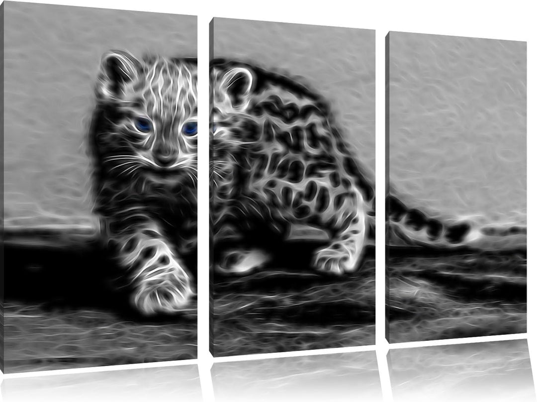 stolzierendes Leopardenjunges schwarz/weiss Deluxe 3-Teiler Leinwandbild 120x80 Bild auf Leinwand, X