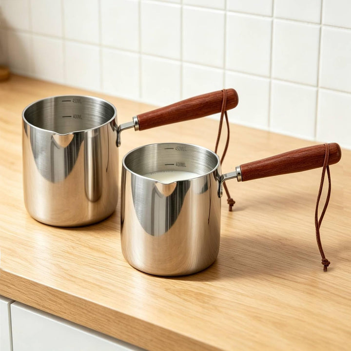 Tissting 2PCS450ML Mini Topf Kaffeekanne, Holzgriff Kleine Sossentopf Stielkasserolle Topf Butterwär