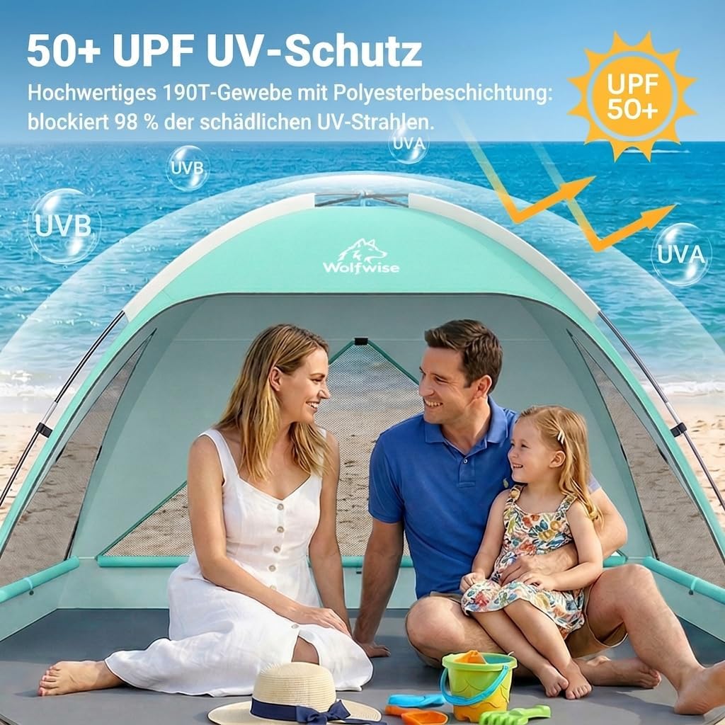 Wolfwise Strandmuschel UV Schutz, 3 Belüftungsfenster &amp; Tragetasche, Strand Zelt mit erweiterbarem B