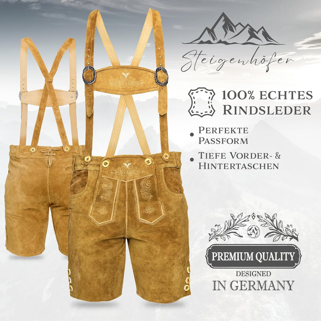 STEIGENHÖFER Kurze Trachten Lederhose für Herren mit passenden Trägern, echtes Premium Veloursleder