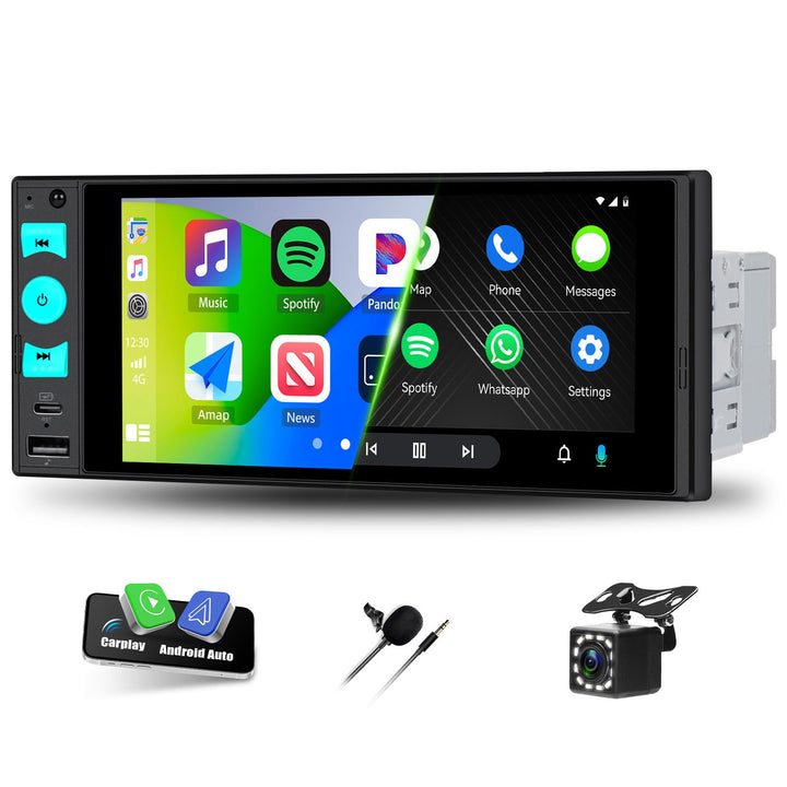 CAMECHO Autoradio 1 Din Wireless CarPlay mit 6 Zoll Bildschirm Android Auto Radio Touchscreen mit Bl