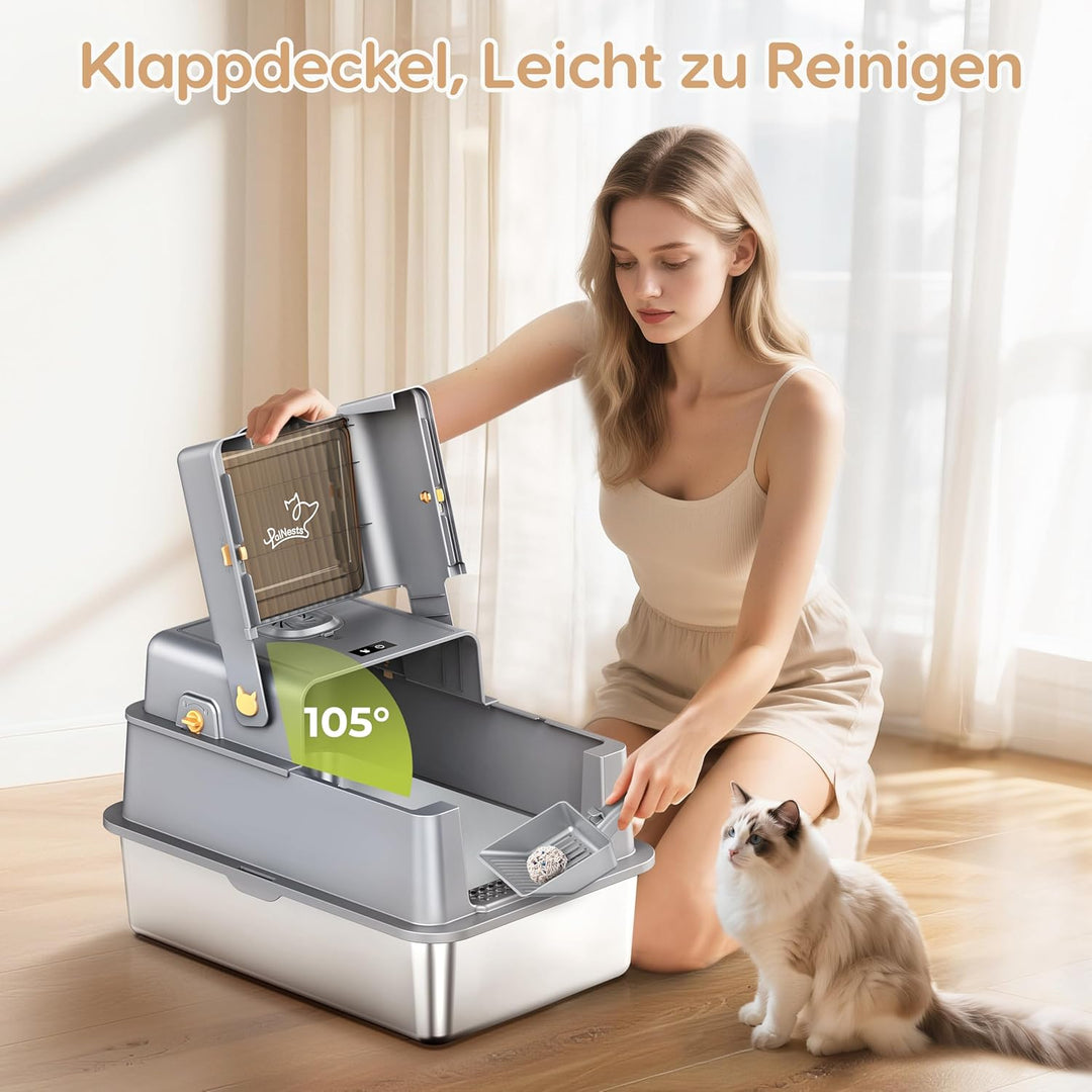 Katzenklo Edelstahl XXL mit Deckel, Streuluft-Desodorierungssystem | 105° Klappdeckel 3-in-1 Grosse