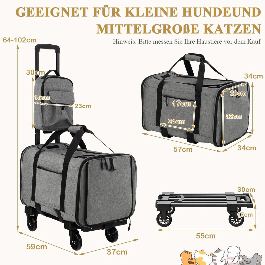 GYMAX Katzen Transportbox, Hunde Tragetasche mit Katzenrucksack & Teleskopgriff, Transporttasche mit