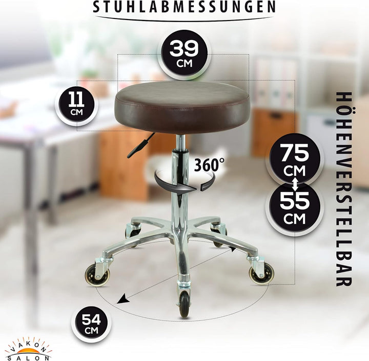 Premium Rollhocker braun höhenverstellbar von 55 bis 75 cm - Rundsitz- Drehhocker Arbeitshocker Prax