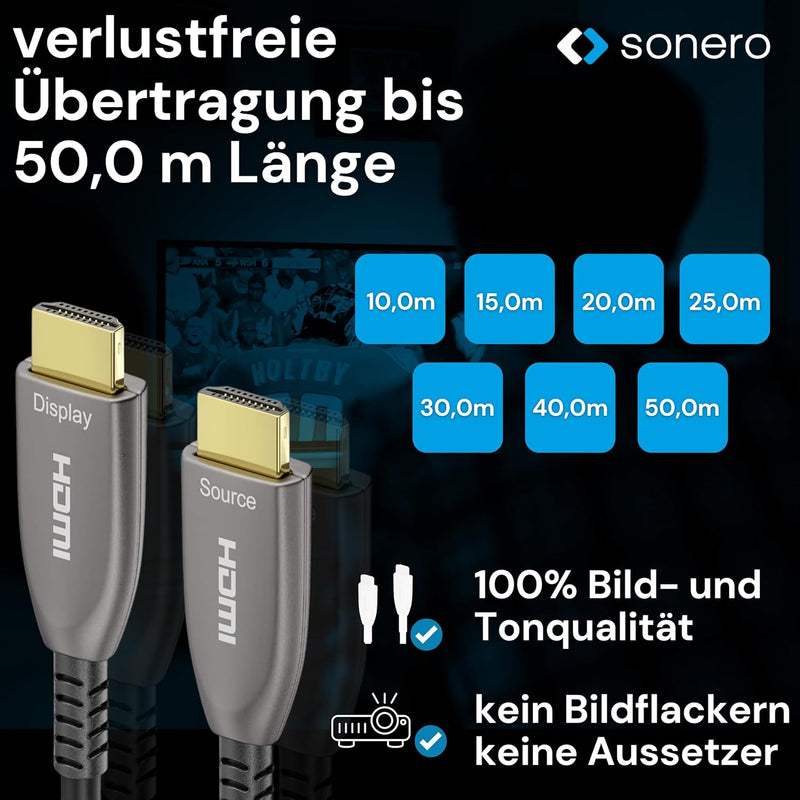 Sonero 15m HDMI Kabel 2.0b, Glasfaser Hybrid, UHD 2160P, 4K60Hz, 4:4:4, HDR, 18Gbps, schwarz 4K HDMI