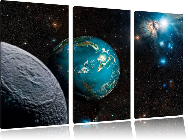 Pixxprint Planet Erde im Kosmos als Leinwandbild | Grösse: 3 Teilig (120x80) | Wandbild| Kunstdruck