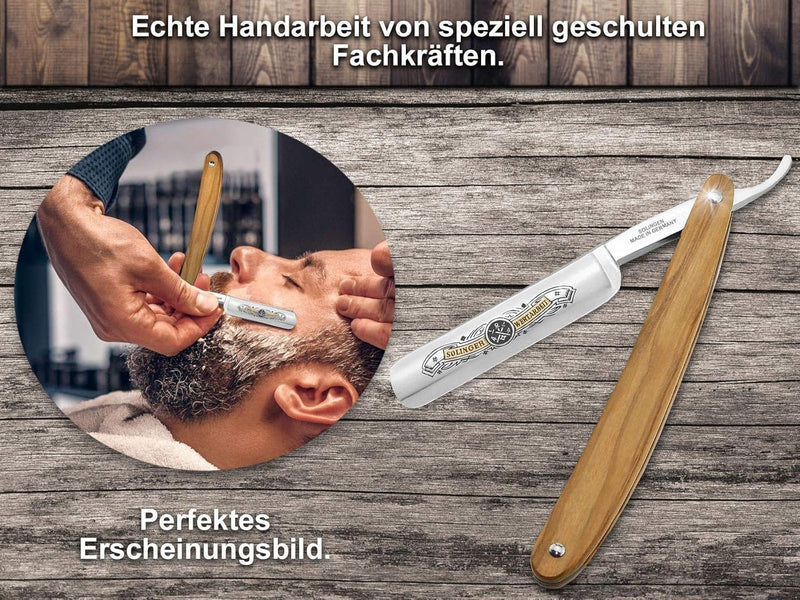 Profi Rasiermesser-Set Made in Germany Streichriemen Schärf Paste und Olivenholz Bartmesser aus Soli