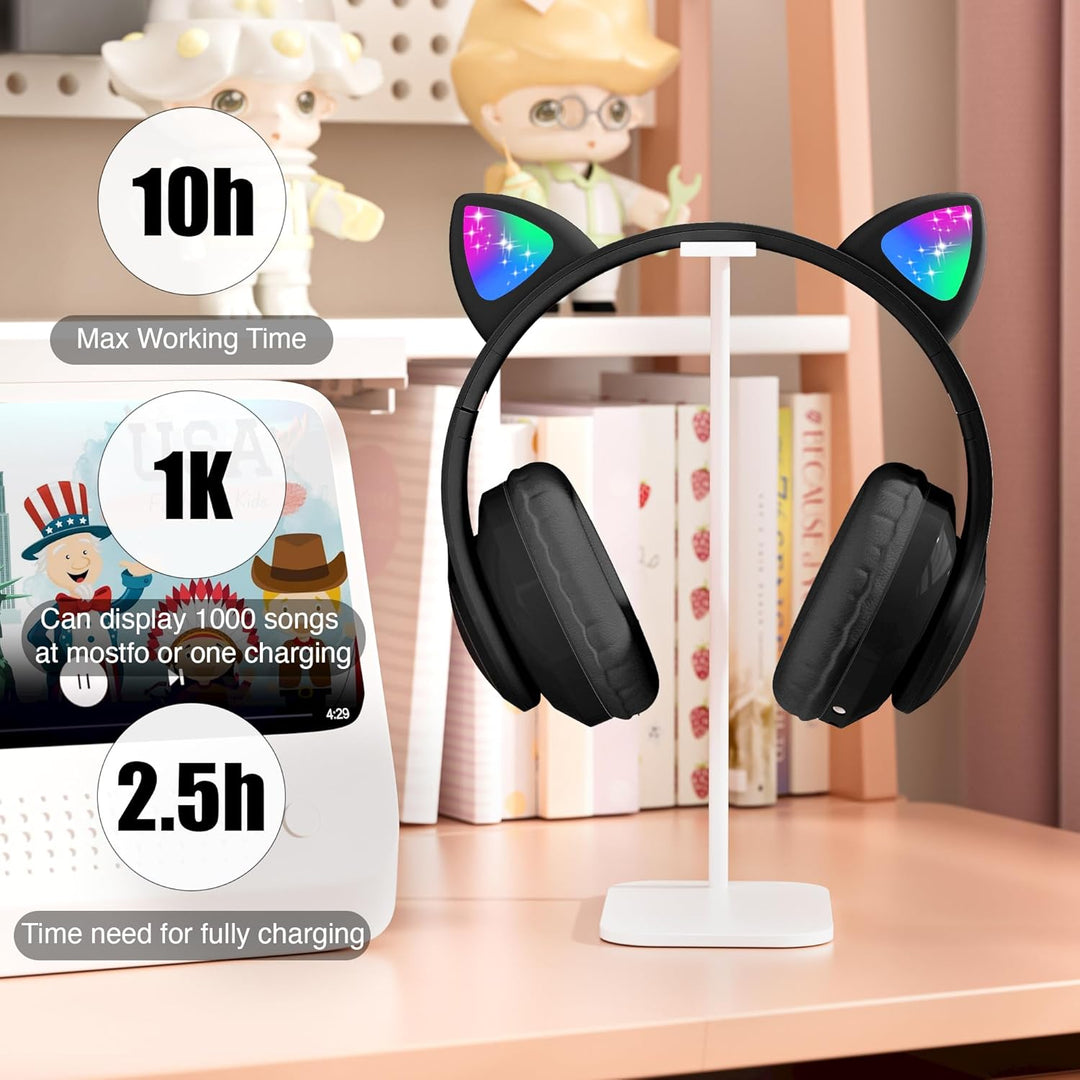 OHAANYY Katzenohr Kopfhörer Kindergeburtstag Geschenke Kind LED Katzenohren Einhorn Bluetooth Kabell