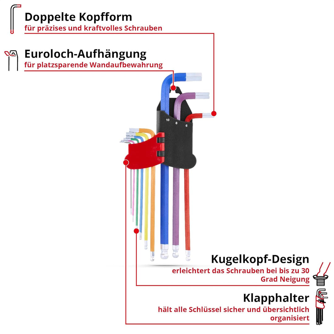 Original Einhell Innensechskantschlüssel-Set 9-tlg. (S2-Stahl, Kugelkopf, doppelte Kopfform, Schlüss