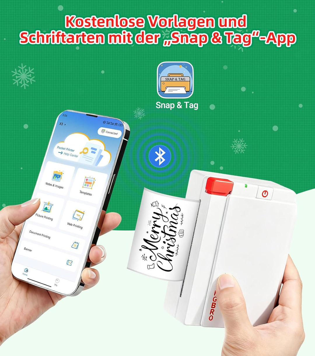 ORGBRO Mini Drucker für Smartphone, X3 Sticker Drucker Bluetooth mit 1 Rolle Aufkleber Papier, 300DP