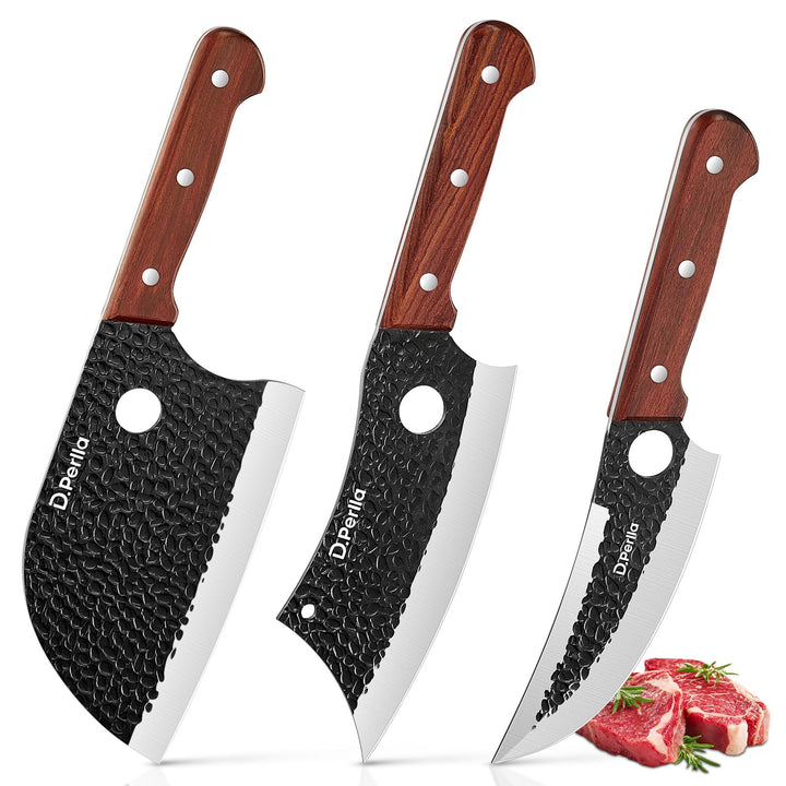 D.Perlla Metzgermesser Set 3-teilig Kochmesser Set mit Hackmesser,Wikinger-Ausbeinmesser und Serbisc